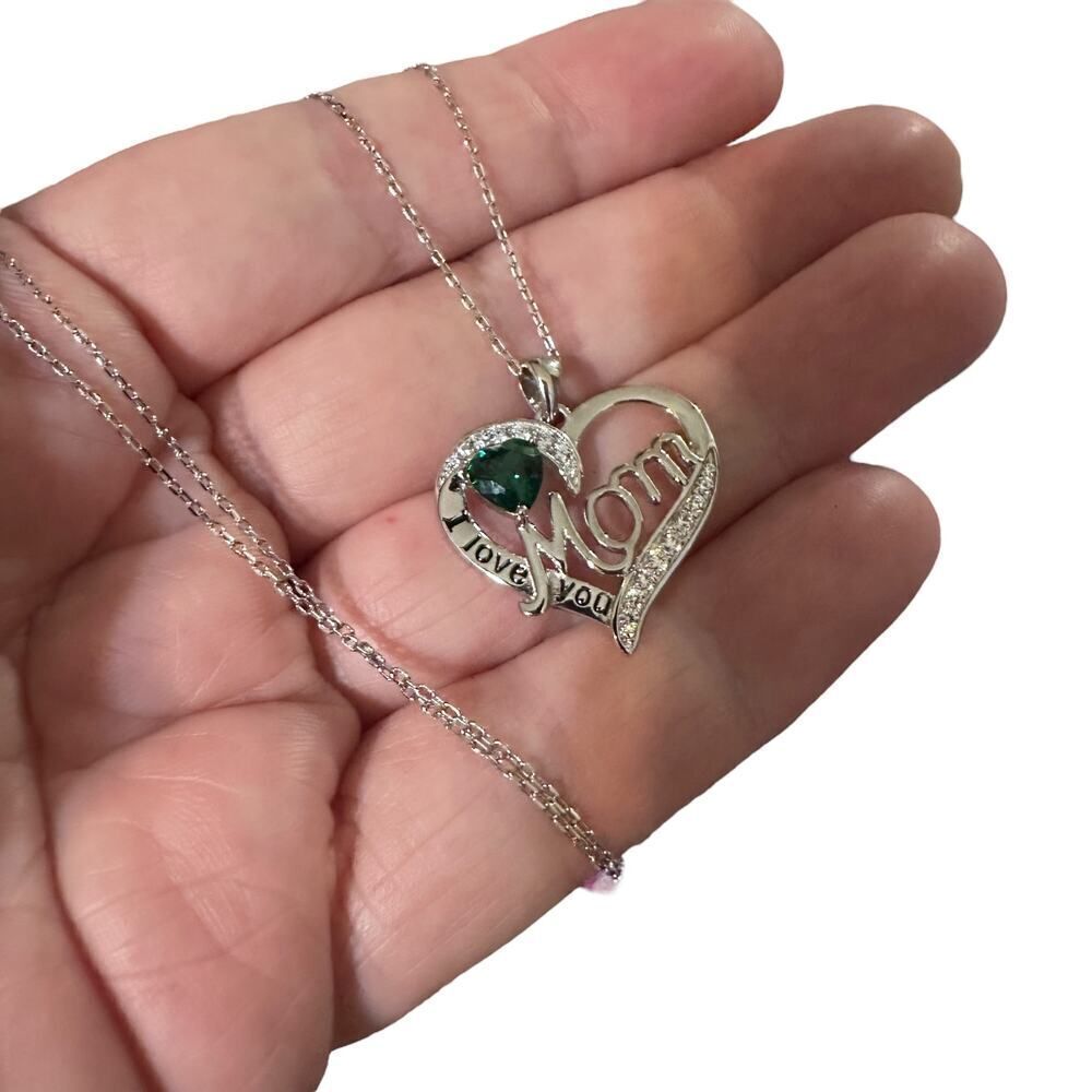 I Love You Mom Green Cz Heart Sterling Silver Necklace - Picture 3 of 6